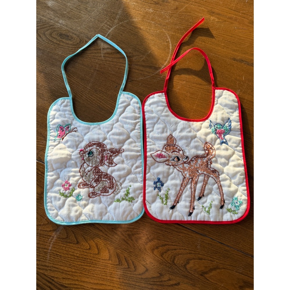 Vtg 70s Disney Bambi & Thumper Embroidered Baby Bibs Set Cross Stitched Paragon